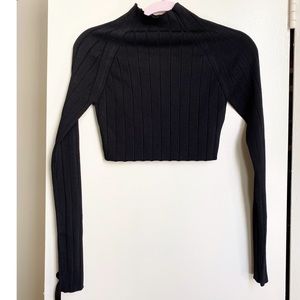 HOUSE OF HARLOW 1970 Black Ribbed Long Sleeve Crop Top